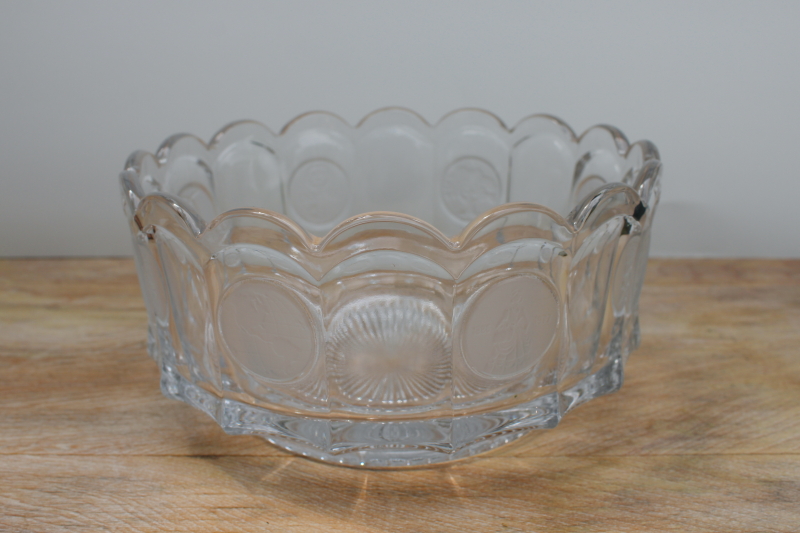 large heavy crystal clear coin glass bowl, 1970s vintage Fostoria made for Avon