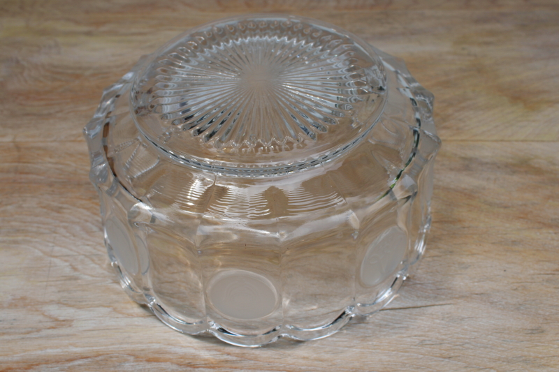 large heavy crystal clear coin glass bowl, 1970s vintage Fostoria made for Avon