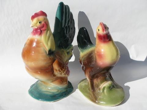 large hen and rooster chicken figurines, unmarked vintage USA pottery