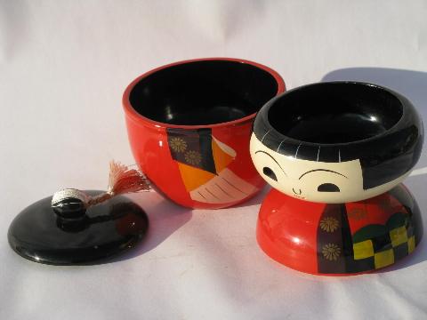 large lacquerware bobble head doll, vintage Japan colored lacquer jewelry box