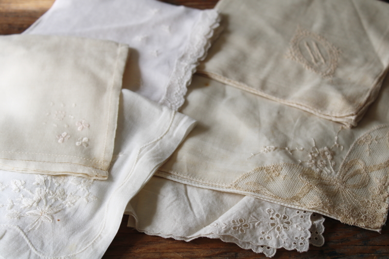 large lot antique vintage handkerchiefs, 40 plus cotton linen hankies w/ lace  embroidery