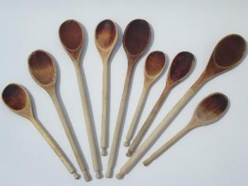 large lot of vintage wood spoons, primitive old wooden kitchen utensils