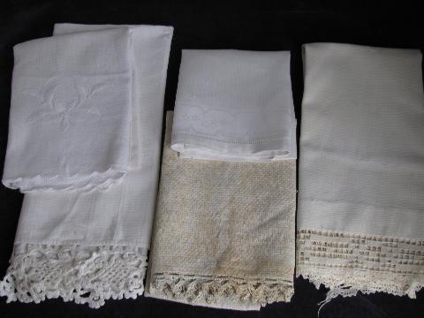 large lot vintage antique whitework linen damask & cotton towels, crochet & tatted lace