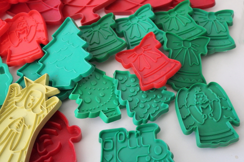 large lot vintage red  green plastic cookie cutters Christmas Santa, trees etc