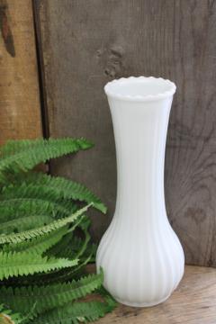 large milk glass vase w/ ribbed shape, vintage E O Brody translucent white glass vase