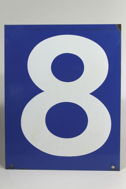 large number sign, vintage industrial blue enamel metal gas station numbers, #8 or #9