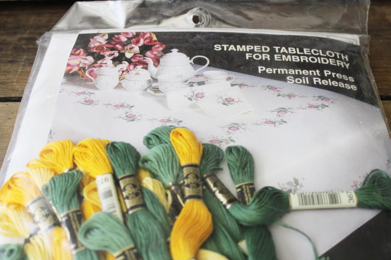 large oblong tablecloth stamped to embroider, vintage sealed kit w/ embroidery floss