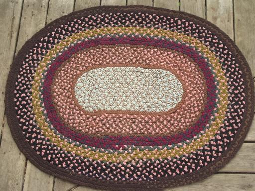 large old braided rug, handmade vintage rag rug made of wool & poly fabric