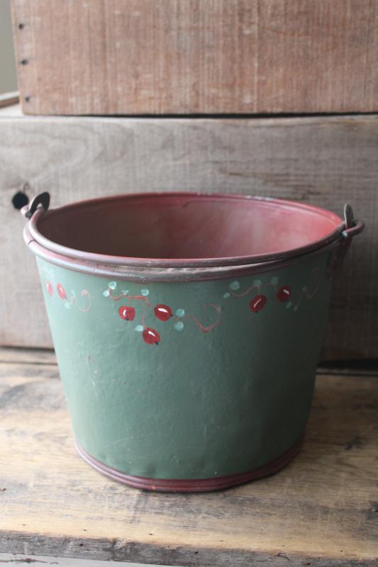 large old bucket Christmas tree or planter, vintage tole ware hand painted metal pail