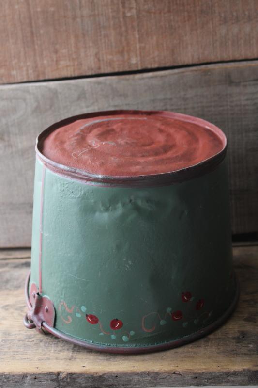 large old bucket Christmas tree or planter, vintage tole ware hand painted metal pail