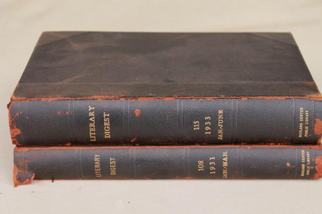 large old leather bound books, antique 1930s vintage Literary Digest magazines