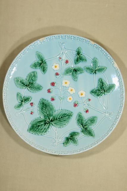 large old majolica pottery plate, alpine wild strawberries, 1940s vintage Western Germany