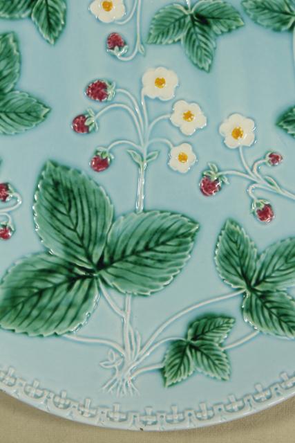 large old majolica pottery plate, alpine wild strawberries, 1940s vintage Western Germany