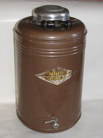 large old picnic / camping thermos bottle, vintage Perfection Thermic Jug w/ wood handle