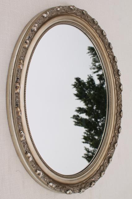 large oval mirror w/ vintage style distressed antique silvery bronze frame