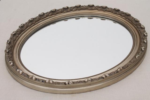 large oval mirror w/ vintage style distressed antique silvery bronze frame