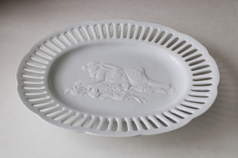 large oval plate w/ embossed bunny rabbit, pure white porcelain platter farmhouse style