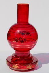 large red glass hurricane lamp for candles, vintage chimney shade candle holder