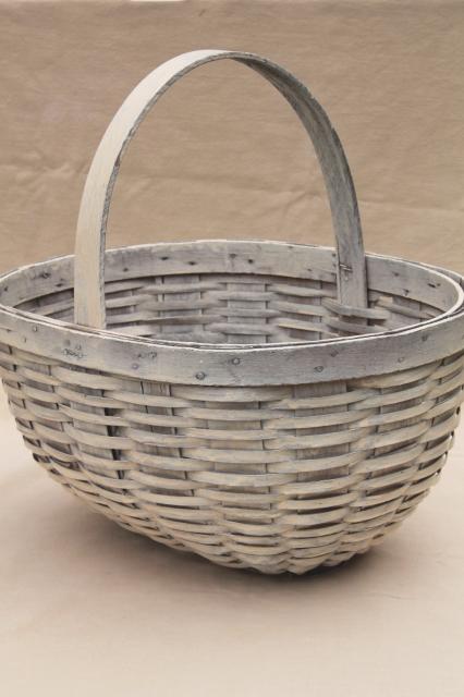 large round bottom market basket or gathering basket w/ weathered old white paint