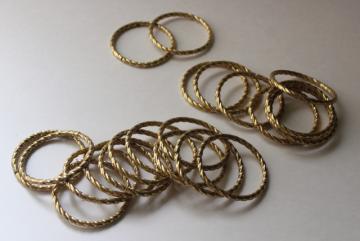 large round brass plated curtain rings, vintage rope twisted metal hoops