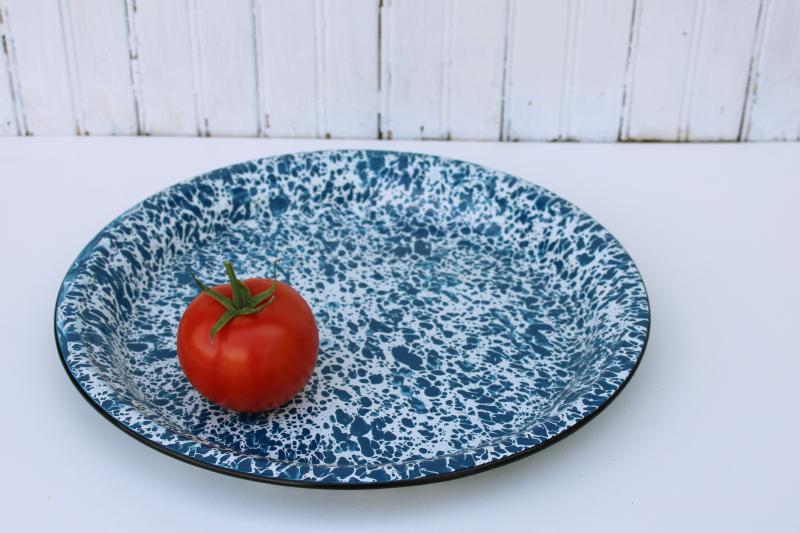 large round serving tray, vintage blue and white splatterware enamel ware