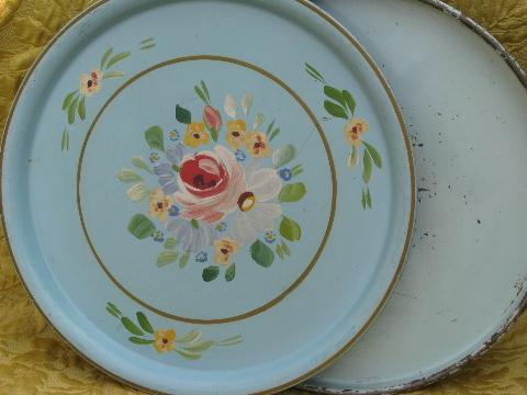 large round tole trays, shabby chippy floral amd worn old blue paint