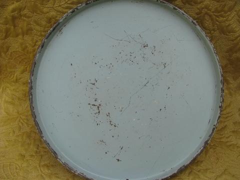large round tole trays, shabby chippy floral amd worn old blue paint