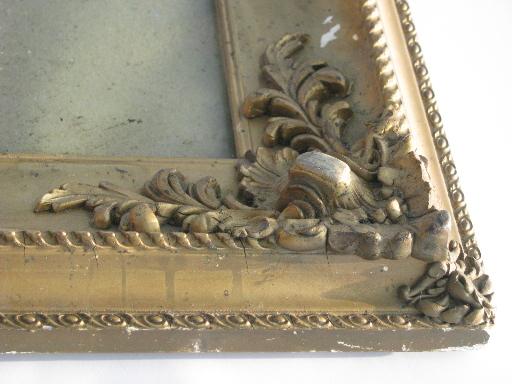 large shabby antique ornate gold wood frame, original vintage glass