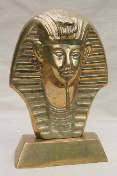 large solid brass bust of King Tut, vintage Egyptian art statue bookend doorstop