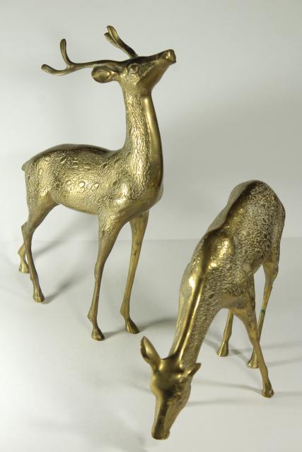 large solid brass deer, pair doe & buck w/ antlers, vintage statuary