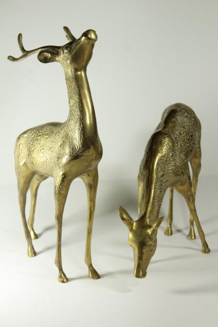 large solid brass deer, pair doe & buck w/ antlers, vintage statuary