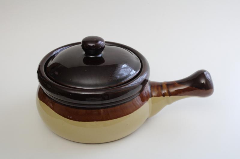 large stoneware pan, vintage stick handle casserole dish, brown band pottery pot w/ lid