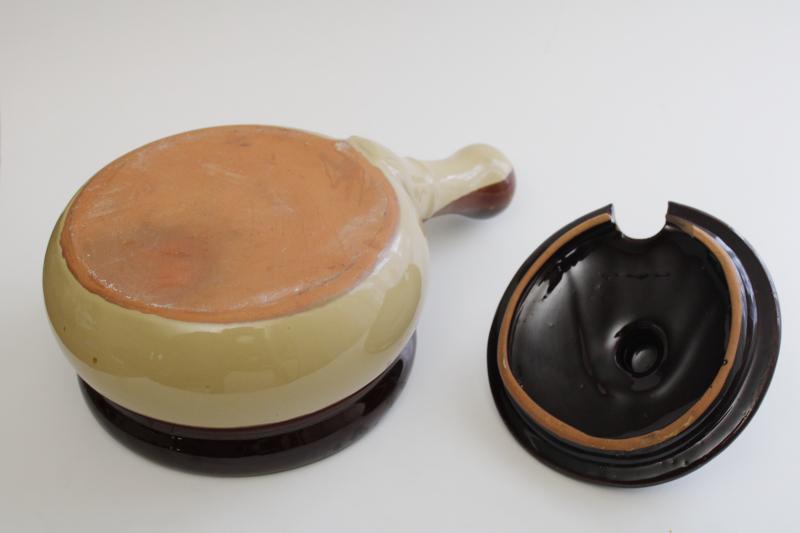 large stoneware pan, vintage stick handle casserole dish, brown band pottery pot w/ lid