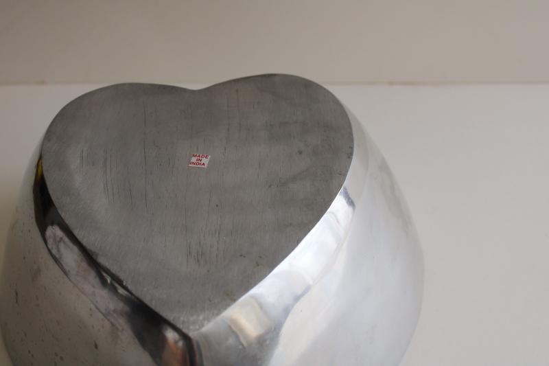 large valentine, heart shaped silver metal bowl, heavy polished aluminum dish