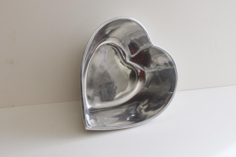 large valentine, heart shaped silver metal bowl, heavy polished aluminum dish