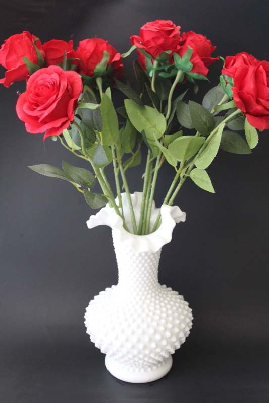 large vase for roses, vintage Fenton hobnail milk glass crimped edge tall vase