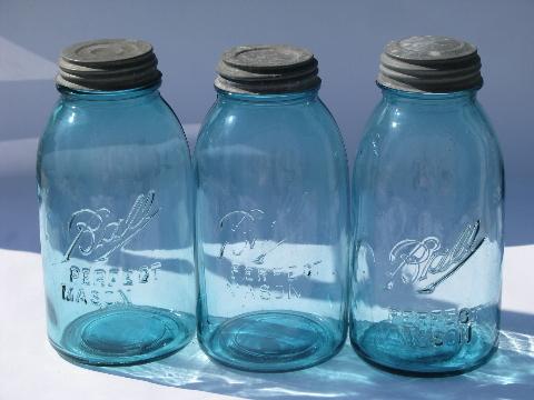 large vintage blue glass Ball fruit canning mason jars for storage