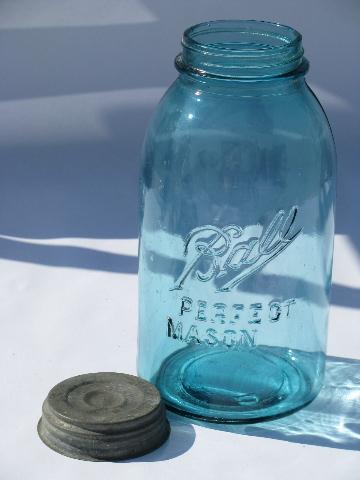 large vintage blue glass Ball fruit canning mason jars for storage