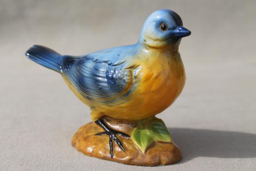large vintage chalkware bluebird figurine, cottage style blue & yellow song bird