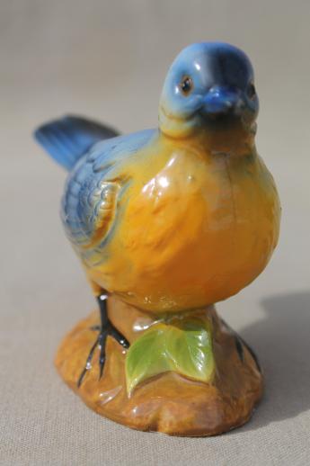 large vintage chalkware bluebird figurine, cottage style blue & yellow song bird