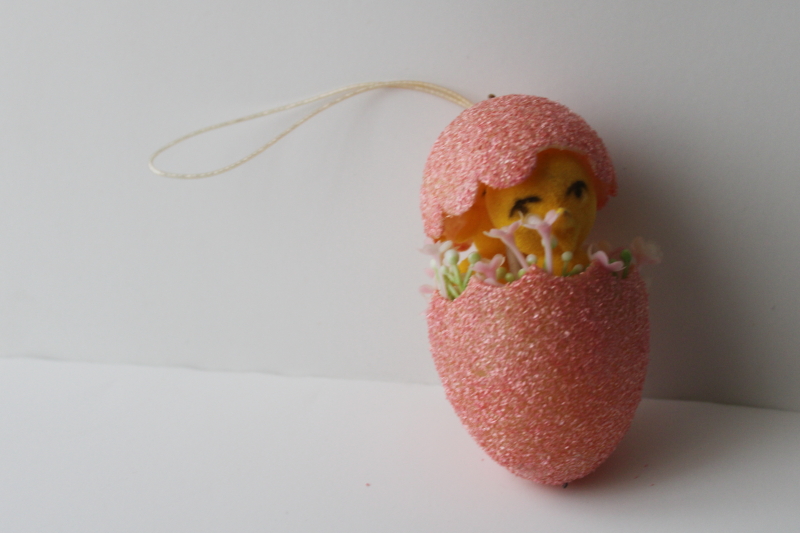 large vintage flocked plastic egg w/ hatching chick, Easter basket tie on ornament