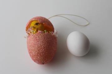 large vintage flocked plastic egg w/ hatching chick, Easter basket tie on ornament