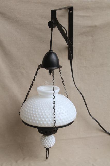 large vintage milk glass shade hanging lamp, antique oil lamp reproduction w/ wall bracket