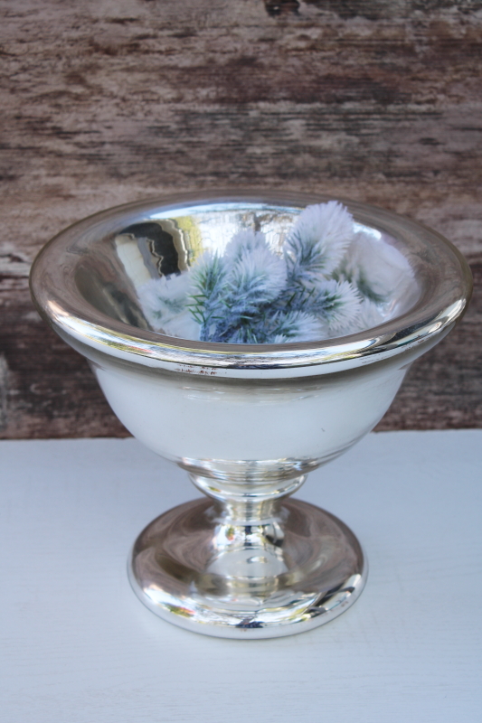 large vintage pedestal bowl, mercury glass silvered centerpiece winter holiday decor