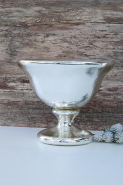 large vintage pedestal bowl, mercury glass silvered centerpiece winter holiday decor