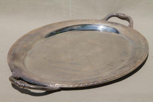 large vintage silver plate tray, oval shape serving tray or hall table tray w/ handles 