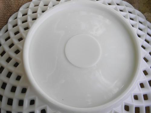 large vintage white milk glass serving plate, open lace edge border