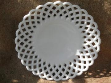 large vintage white milk glass serving plate, open lace edge border