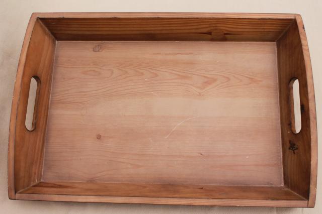 large wood serving tray w/ sturdy handles, vintage country pine wooden tray