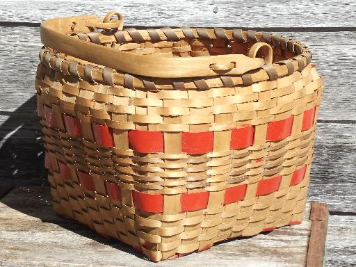 large wood splint gathering harvest produce basket w/ wooden handle